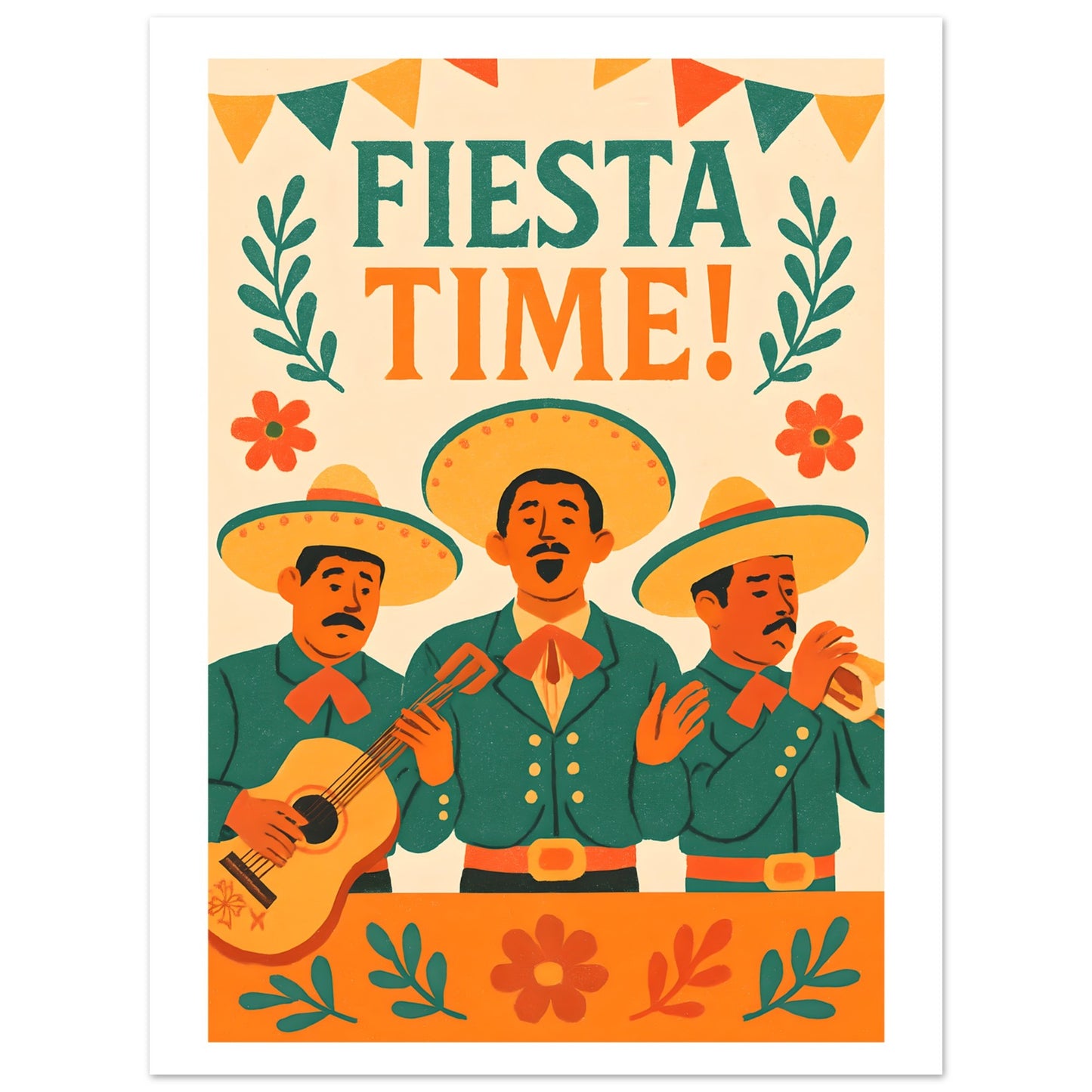 Illustration of three men in sombreros with 'FIESTA TIME!' text on a decorative background.