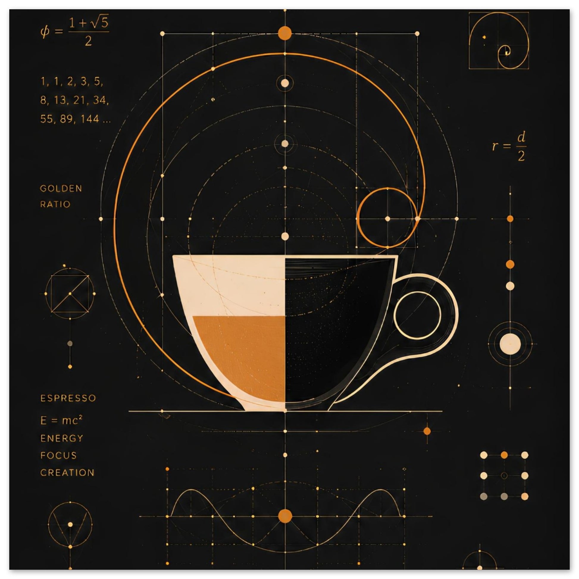 Design of a coffee cup with geometric and mathematical elements on a black background