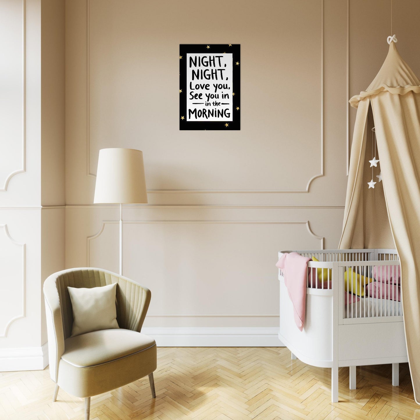 Nursery room with a crib, chair, and wall art.