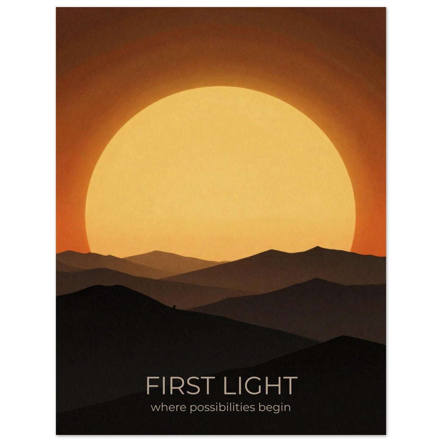 Close-up of First Light sunrise wall art showcasing a large glowing sun and minimalist mountain landscape in amber and gold colours.