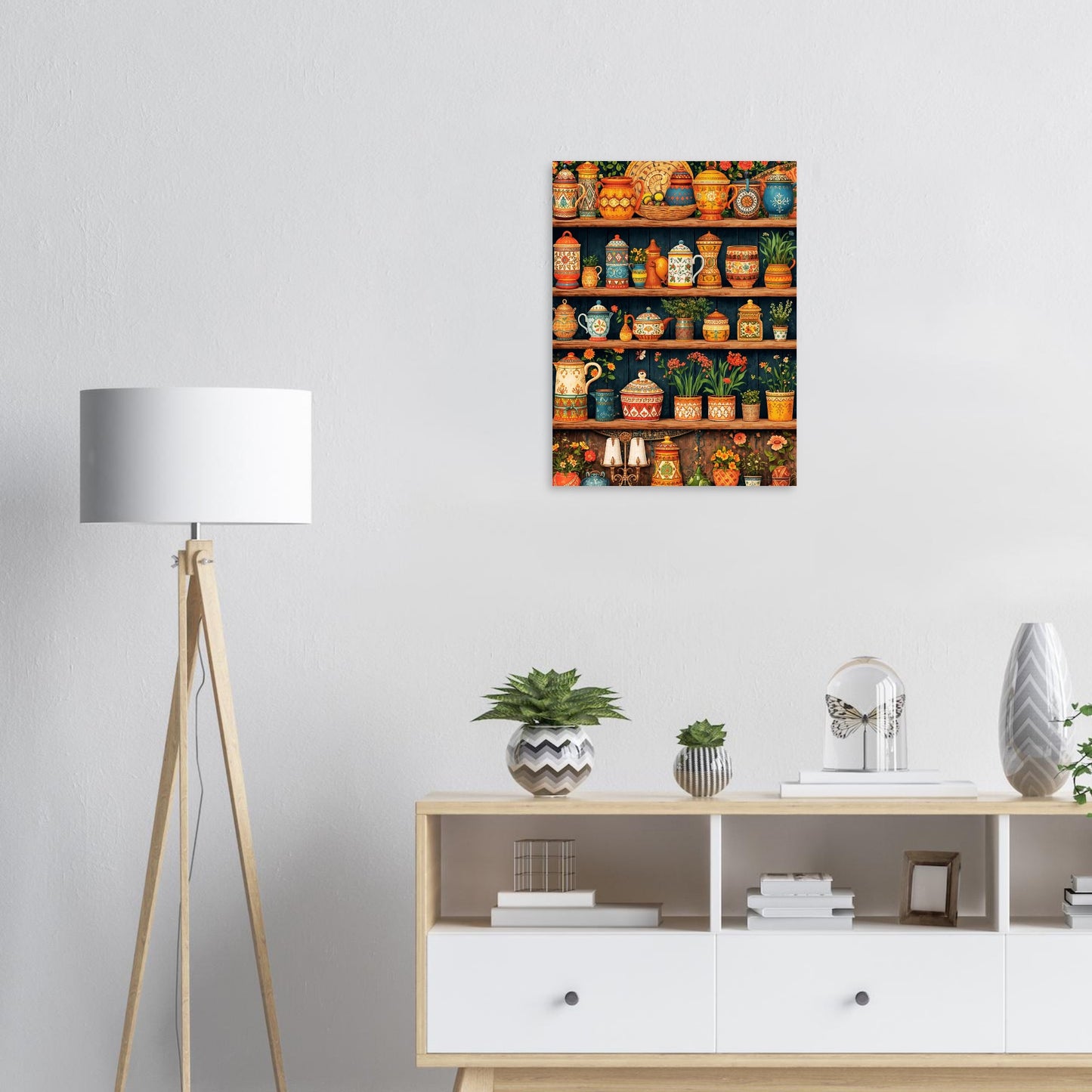 Decorative wall art of colorful pots and plants on shelves above a white cabinet with decorative items.