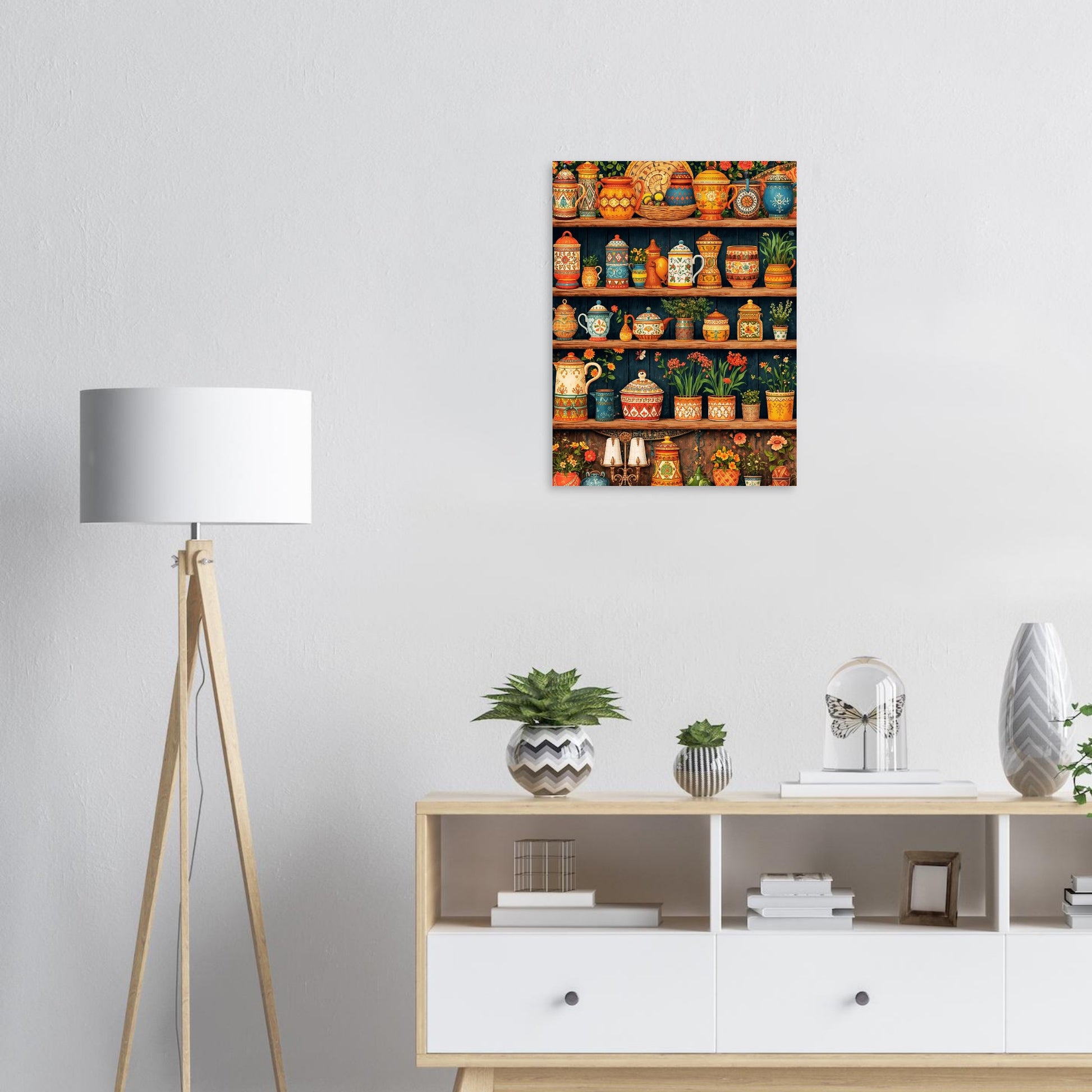 Decorative wall art of colorful pots and plants on shelves above a white cabinet with decorative items.