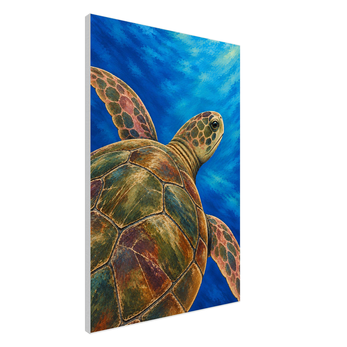 A vertical canvas wall art print depicting a sea turtle swimming underwater against a vibrant blue ocean background, shown at a three-quarter angle on a white studio background.