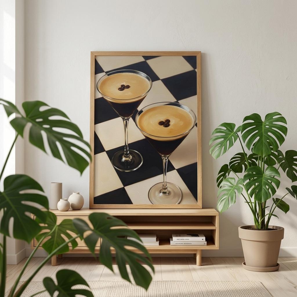 Minimalist espresso martini wall art with checkerboard background displayed in modern living room with plants