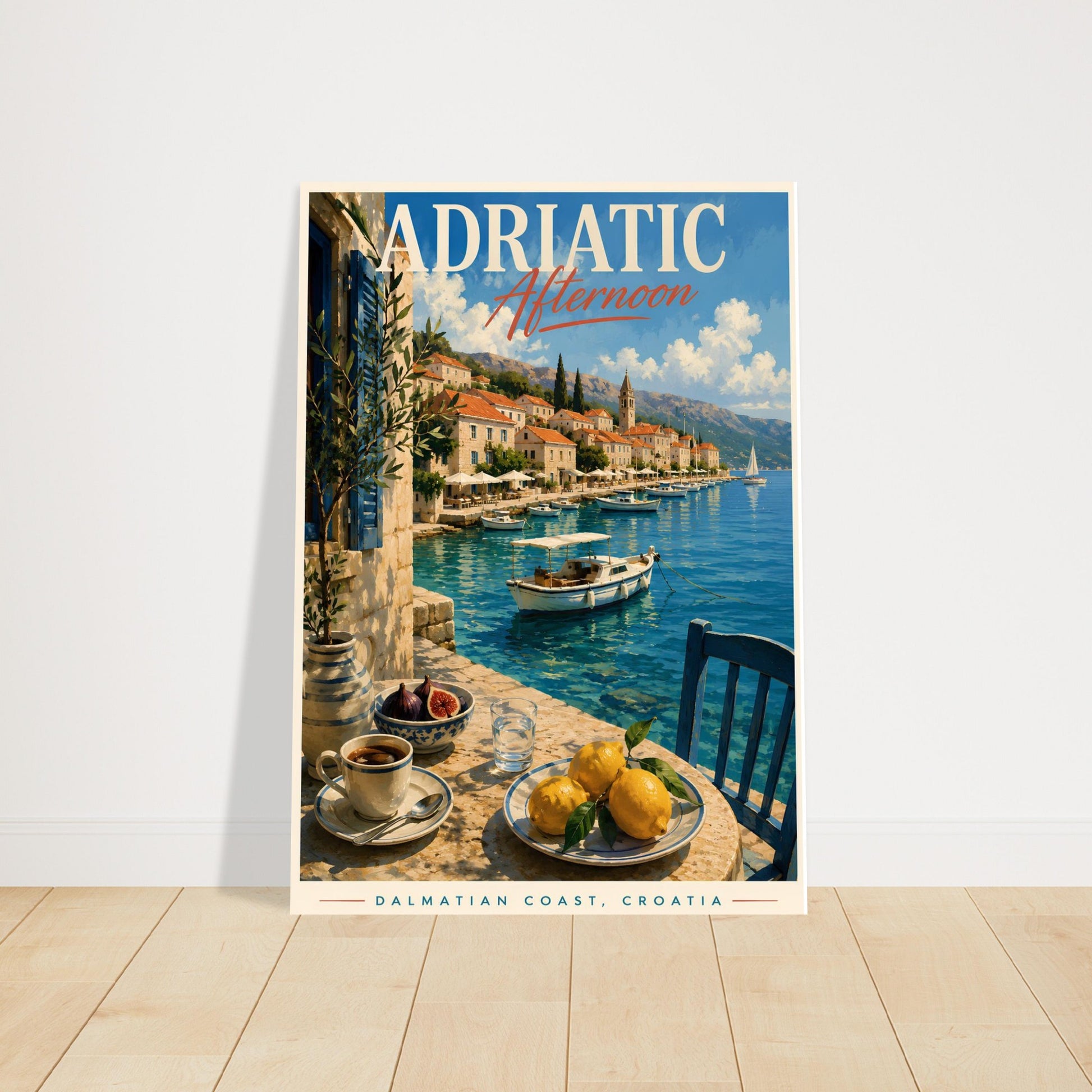 Framed Dalmatian Coast wall art leaning against a wall on a wooden floor