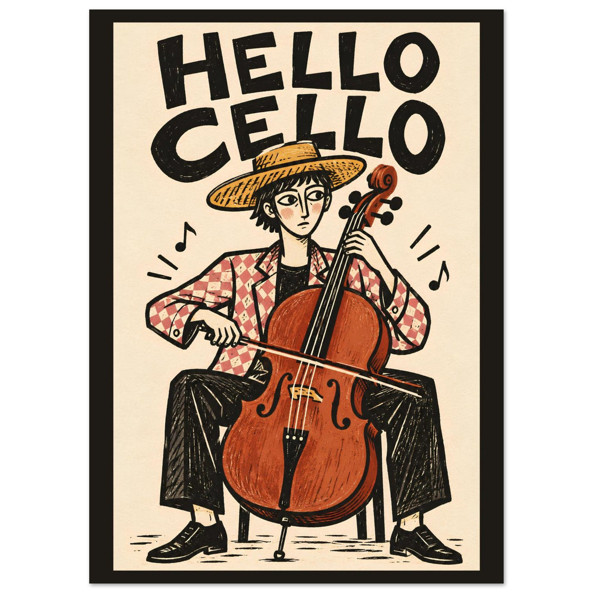 A framed art print featuring a stylized illustration of a person playing a cello, with the text 'HELLO CELLO' above. The print has a cream background, bold black lettering, and a black frame.