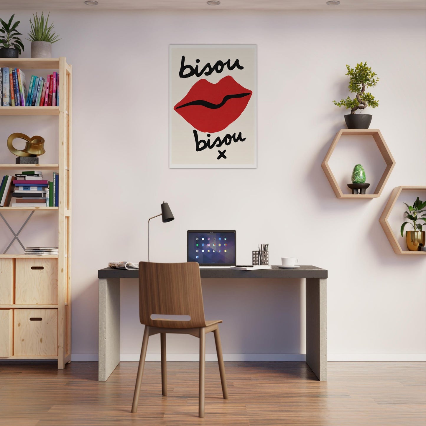 Modern home office with a desk, chair, and wall art featuring lips and the word 'bisou'.