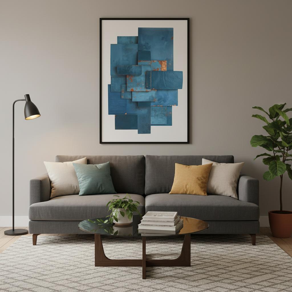 Modern living room with a gray sofa, abstract art, and decorative items.