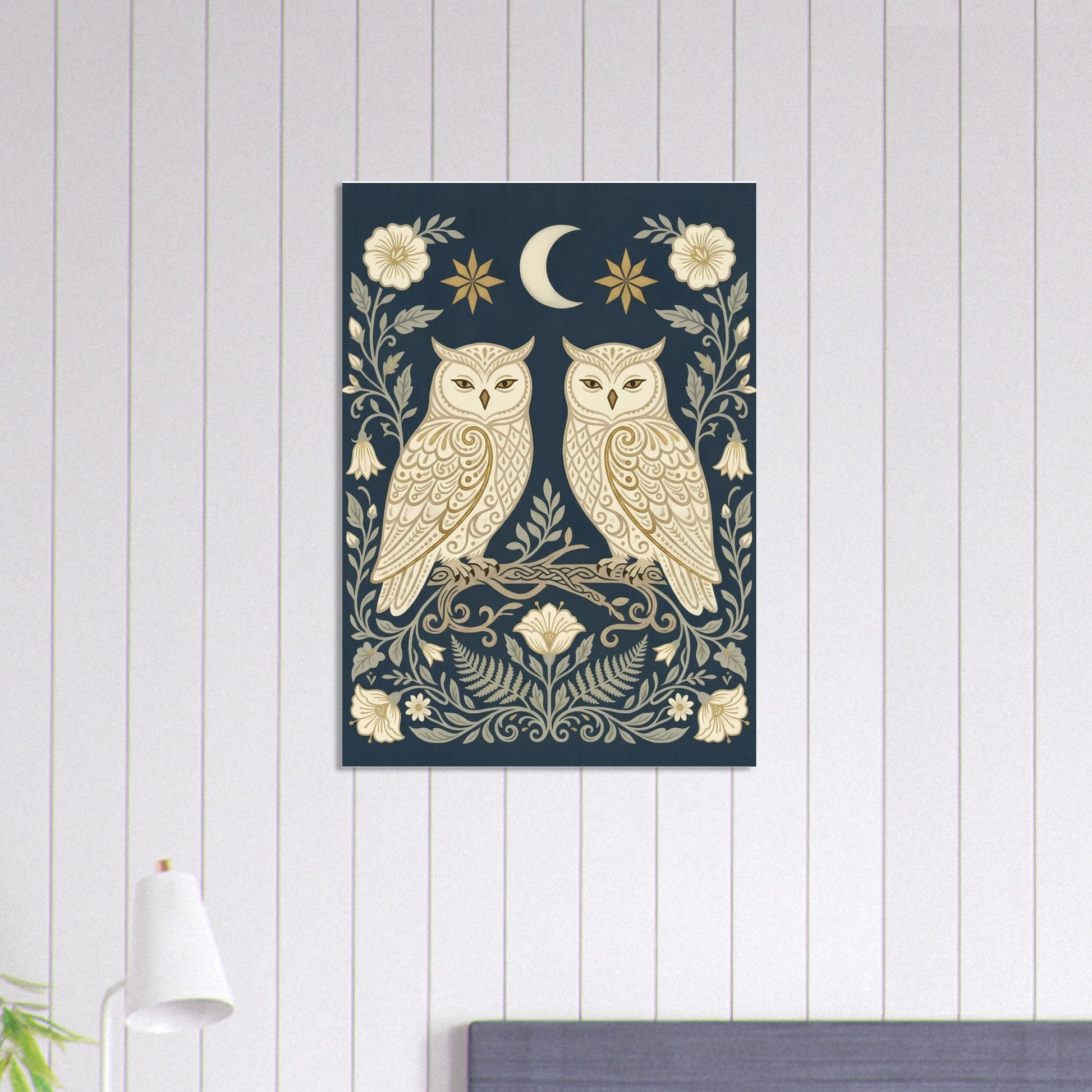 Owls & Moonflowers navy and cream folk art poster displayed in a modern interior with soft striped walls and minimalist décor.