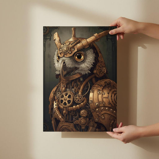 Steampunk-style owl poster being held against a beige wall