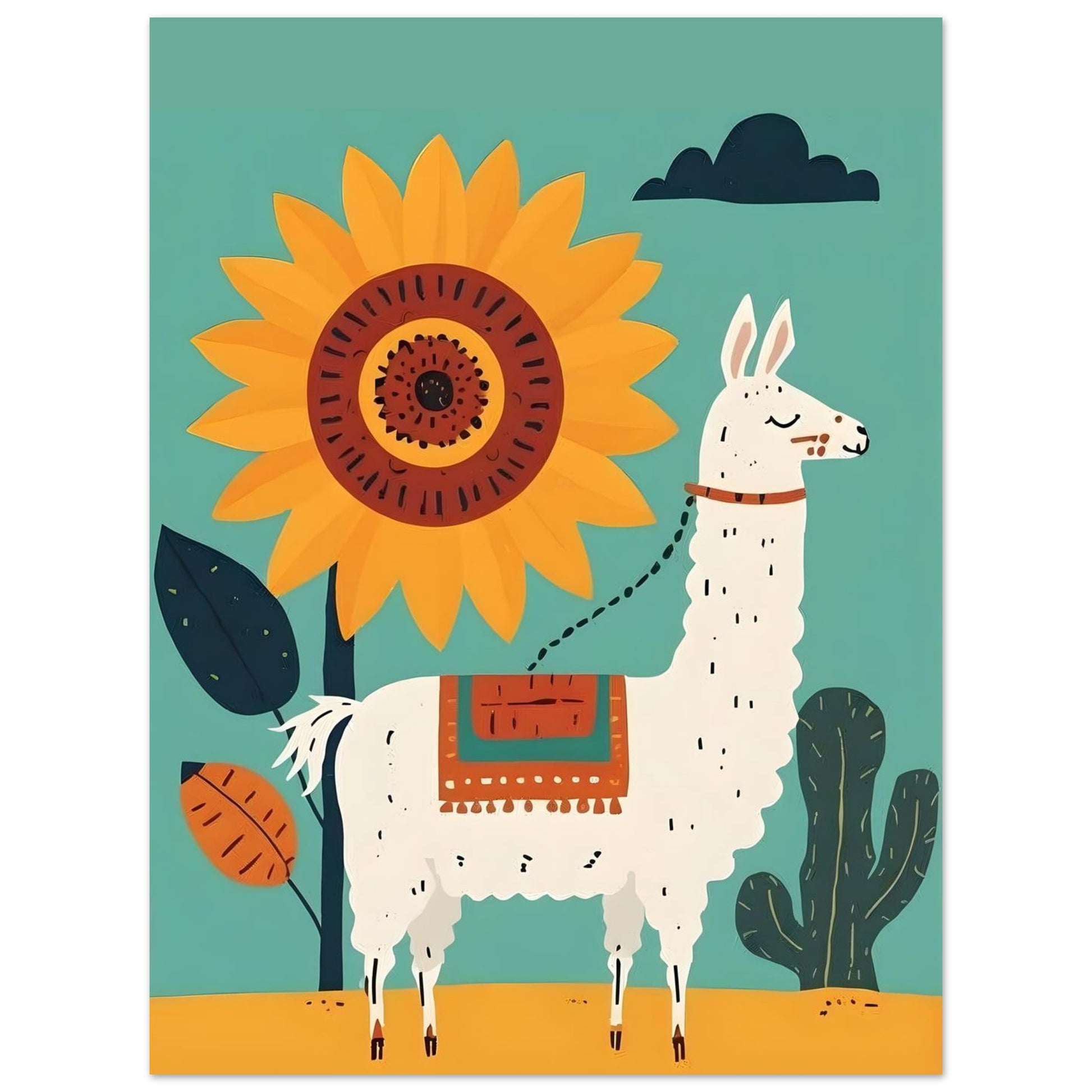 Illustration of a llama and sunflower on a teal background