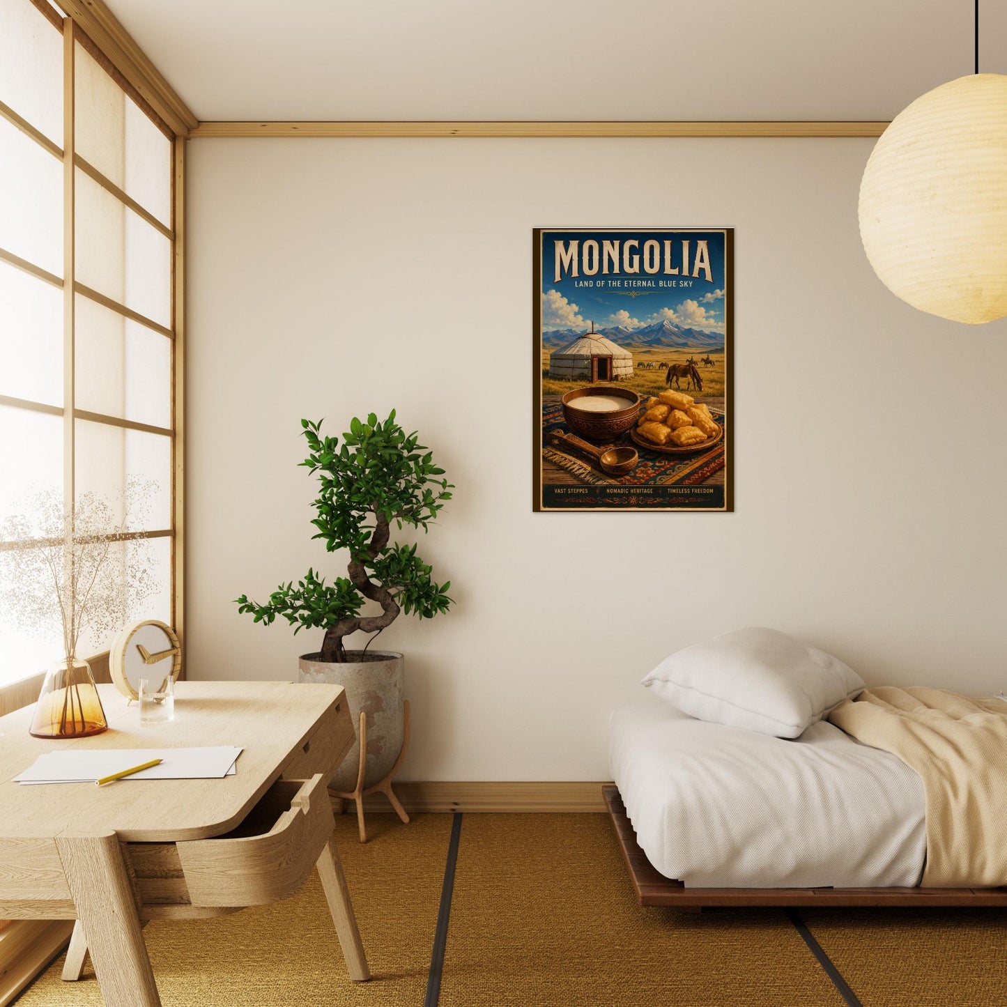Mongolia travel poster displayed in a serene Japandi-style bedroom with natural wood furnishings and soft lighting.