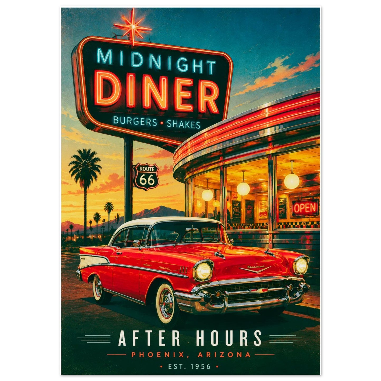 Vintage Poster of red car parked in front of a neon 'Midnight 50s Diner' sign on Route 66.