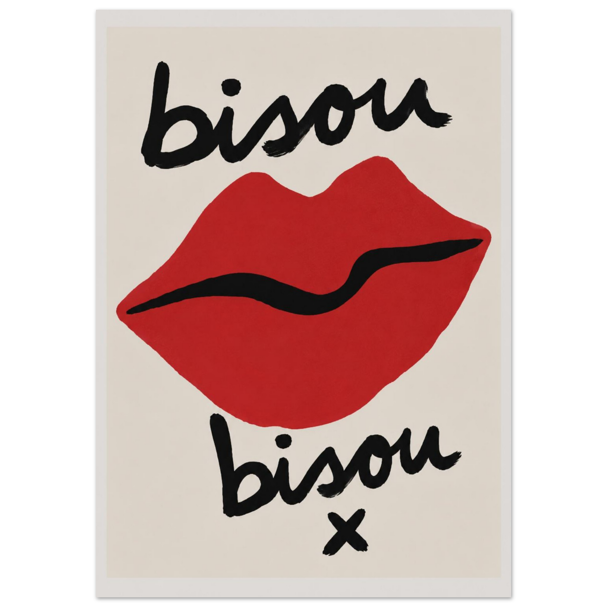 Red lips Poster with 'bisou' text on a beige background