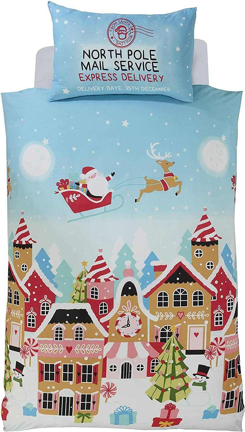 Christmas Santa & Gingerbread Town Duvet Cover Set for kids with festive print and matching pillowcase (Toddler & Single sizes)