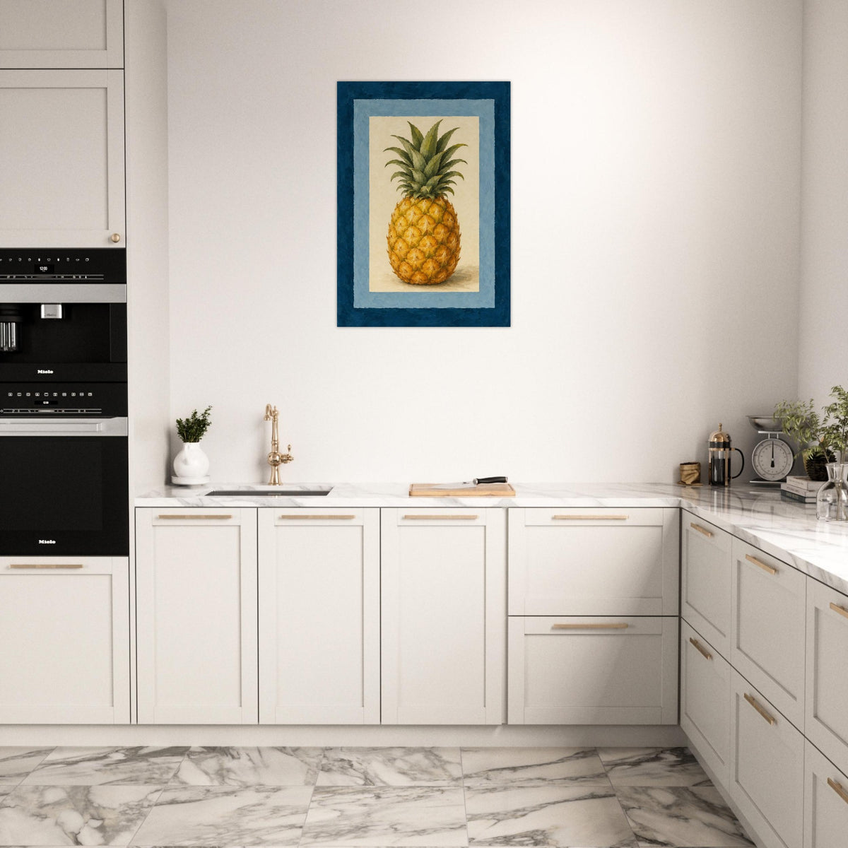 A framed wall art print of a pineapple hanging on a white kitchen wall above a marble countertop.
