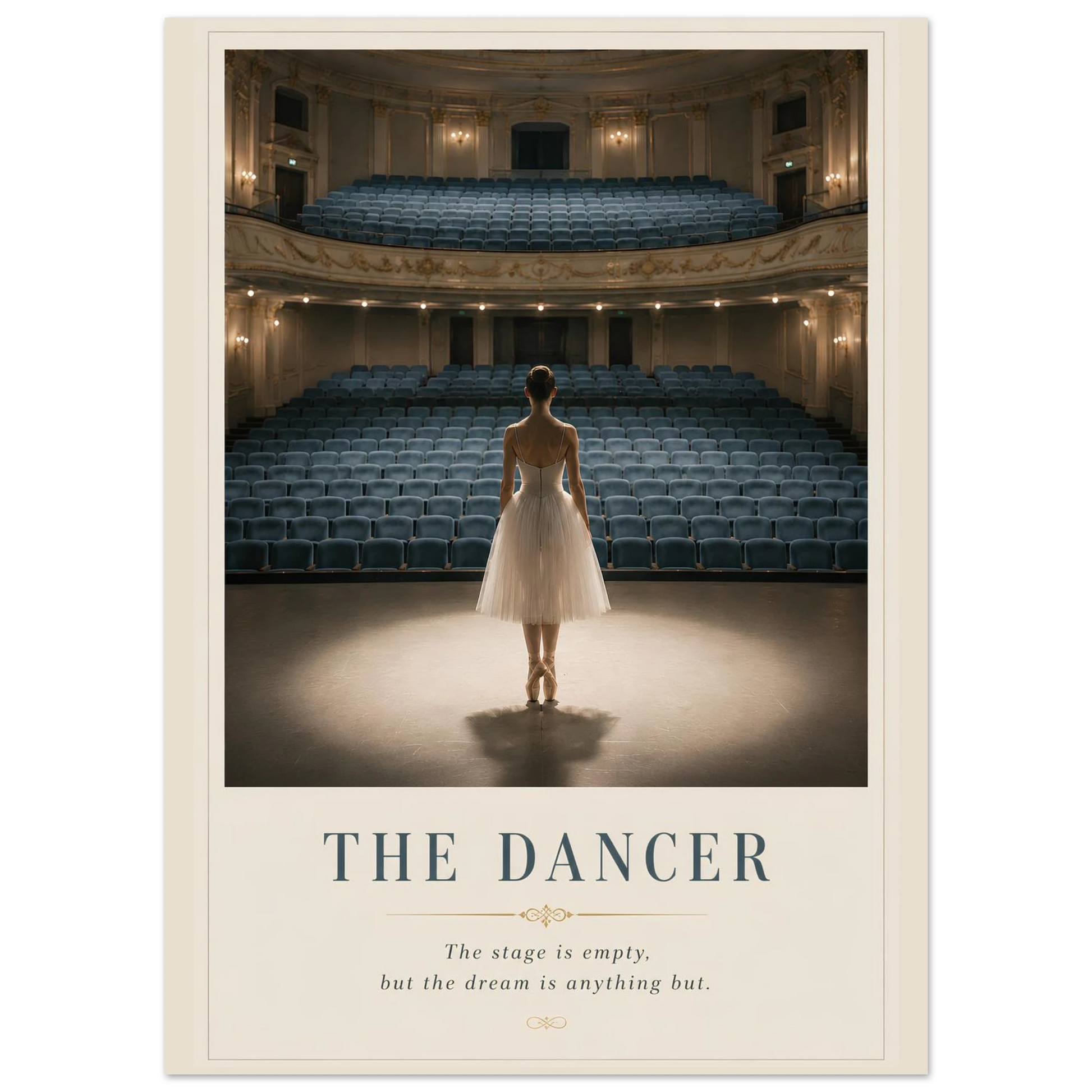 Poster of a dancer in an empty theater with text 'The Dancer' and 'The stage is empty, but the dream is anything but.