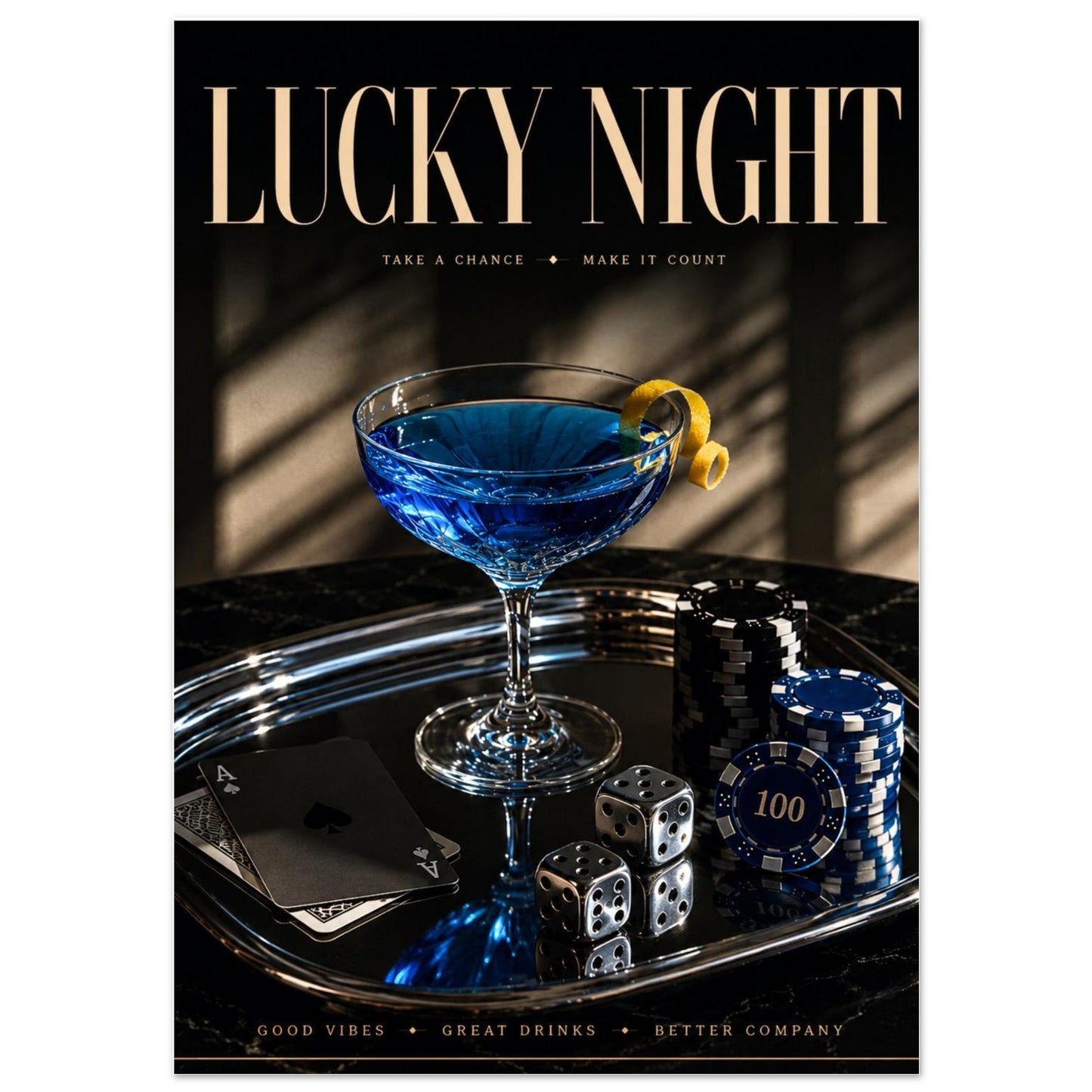 LUCKY NIGHT blue cocktail poster close up view