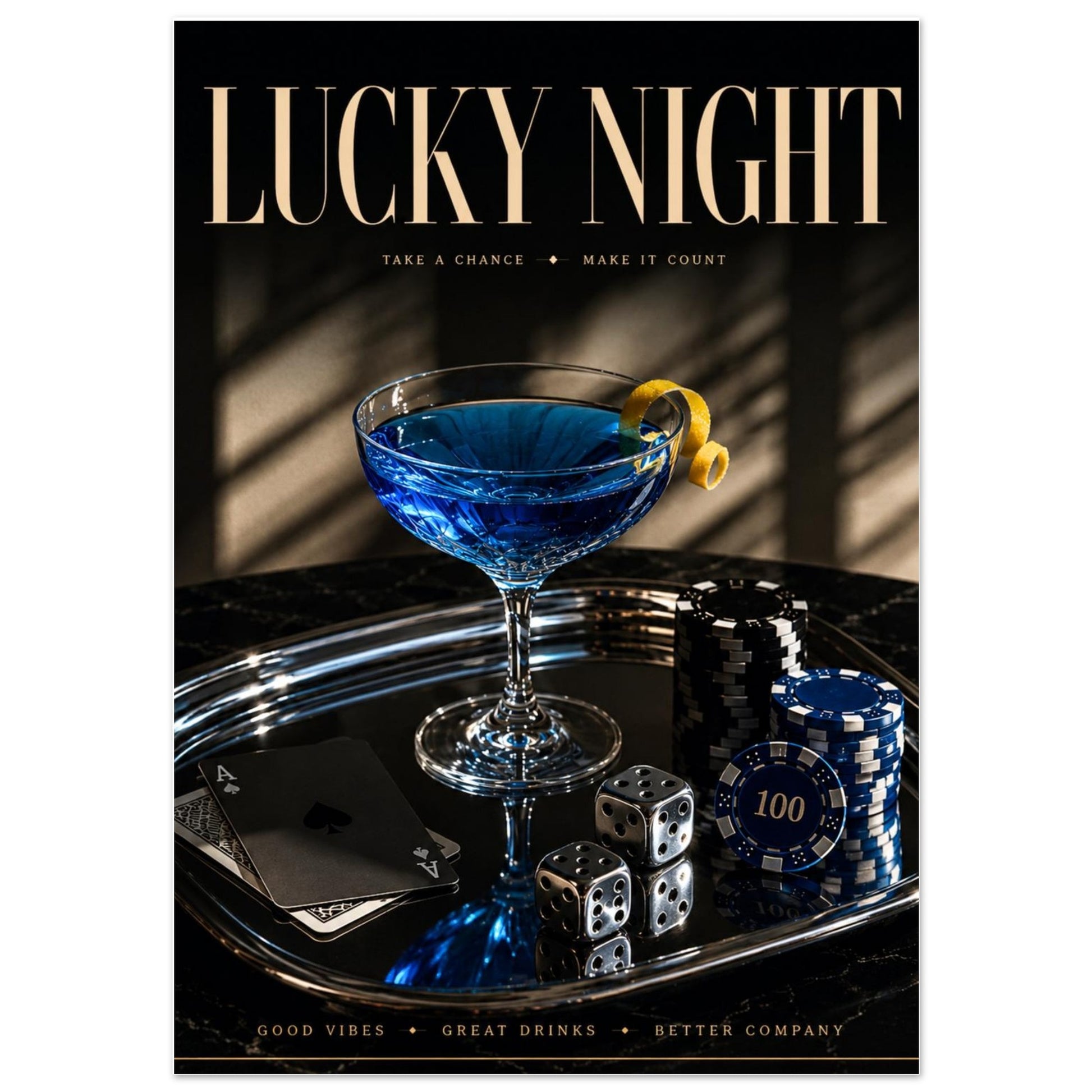 LUCKY NIGHT blue cocktail poster close up view