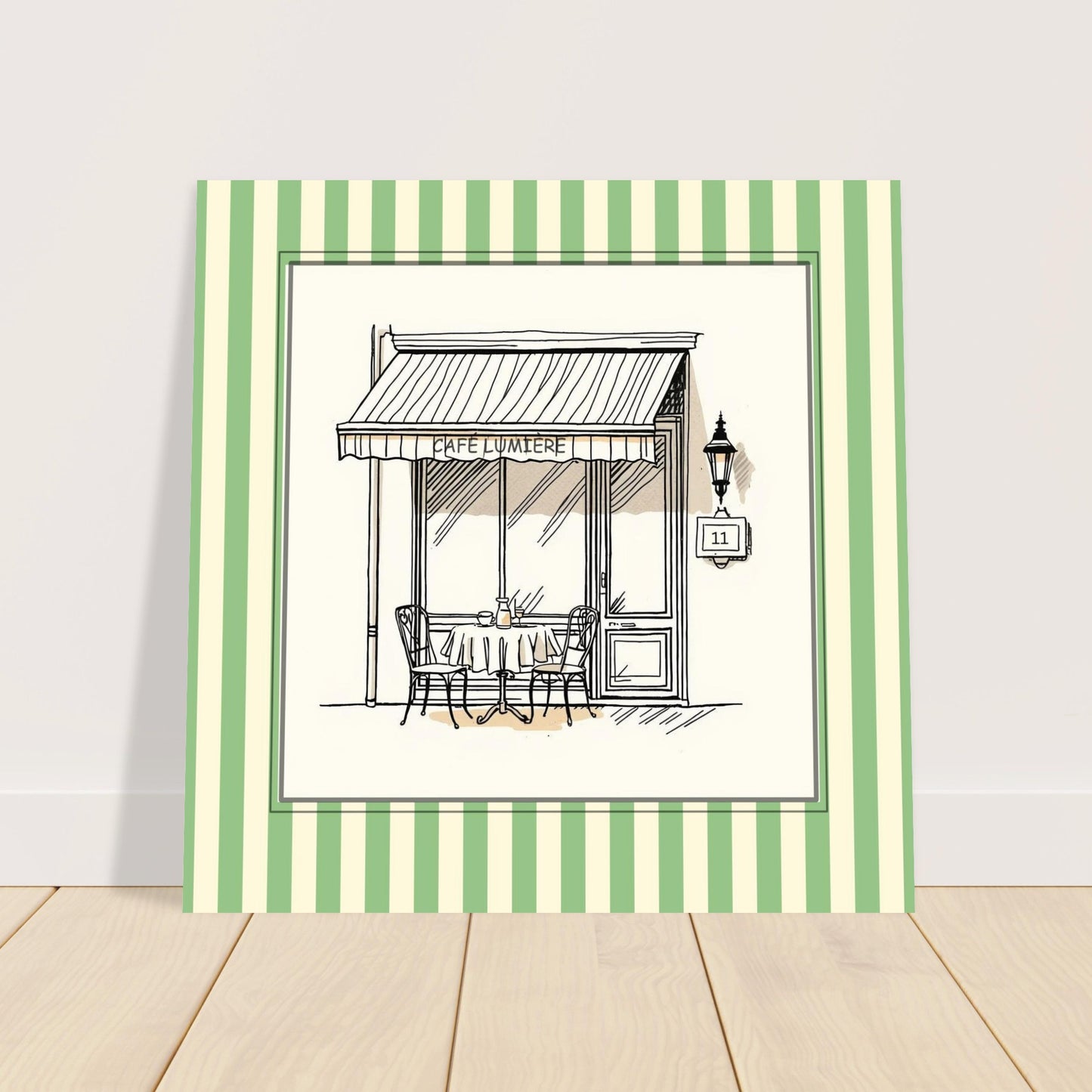 Lifestyle mockup of Café Lumière Paris art print displayed in modern neutral interior