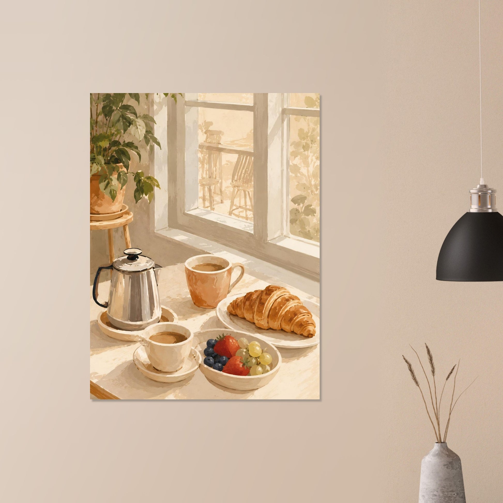 Close-up of watercolour breakfast wall art featuring coffee cups, croissant and fruit in soft morning light
