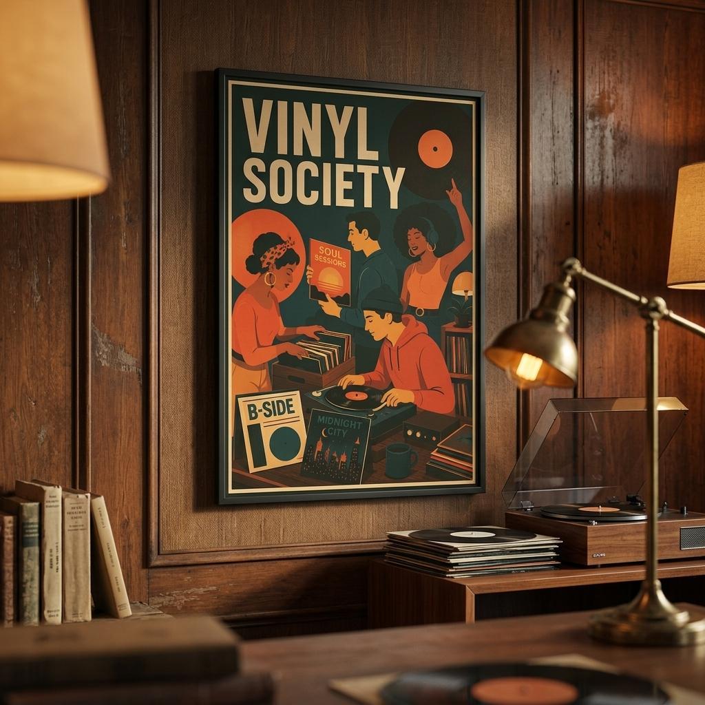 Vinyl Society retro music poster displayed in a warm vintage-inspired listening room with a record player and ambient lighting.