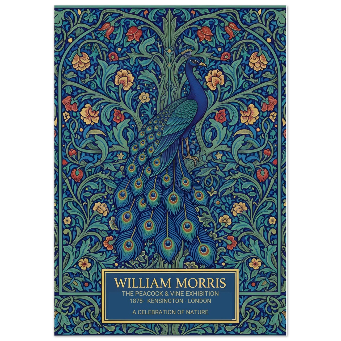 Vintage William Morris exhibition poster of a blue peacock with a long, detailed tail, surrounded by intricate green vines and orange flowers on a dark teal background. Cream-colored text at the bottom reads William Morris The Peacock and Vine Exhibition.