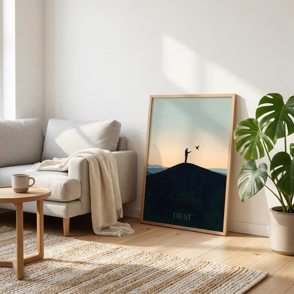 Living room with a framed artwork titled 'Trust' on the wall, a sofa, and a plant.