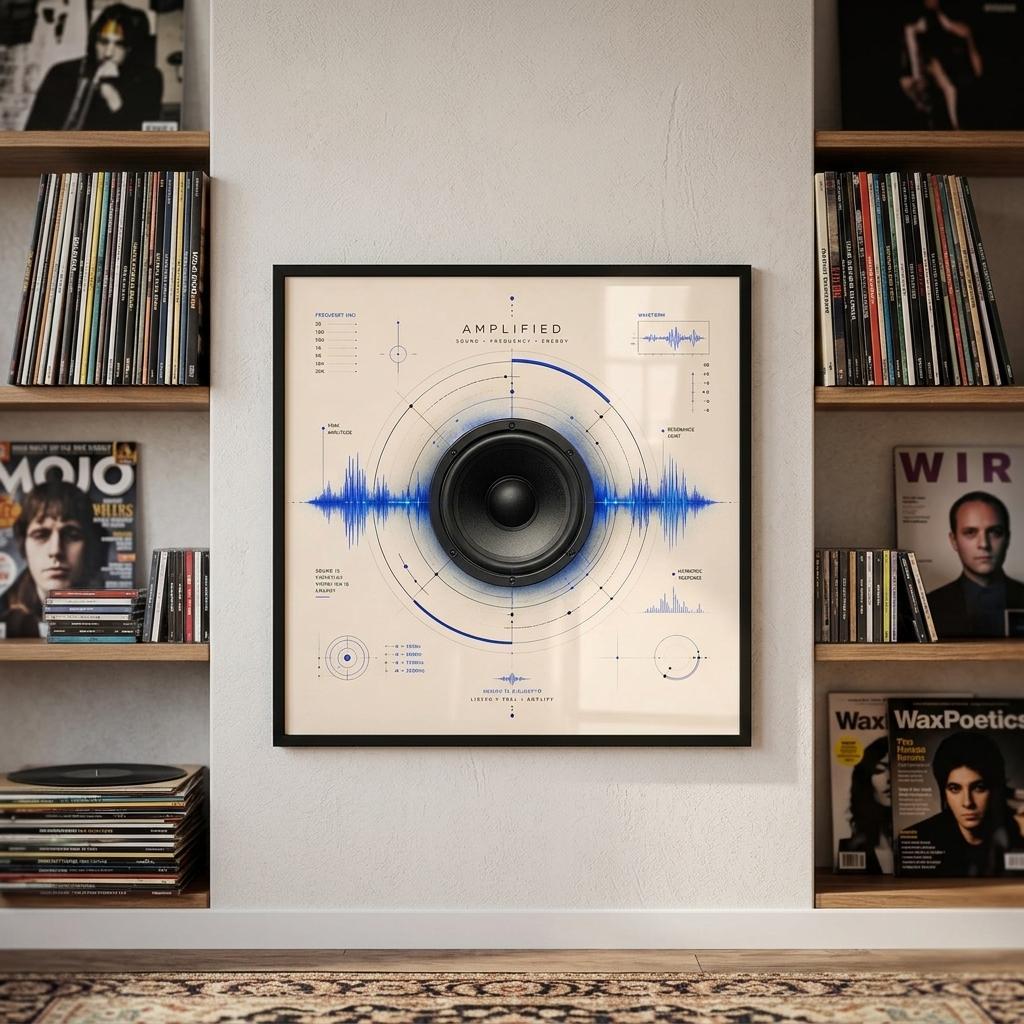 Framed Amplified minimalist speaker wall art displayed on a shelving unit, featuring electric blue sound waves and geometric acoustic diagrams in a contemporary living room.