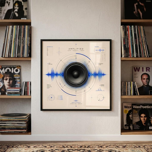 Framed Amplified minimalist speaker wall art displayed on a shelving unit, featuring electric blue sound waves and geometric acoustic diagrams in a contemporary living room.