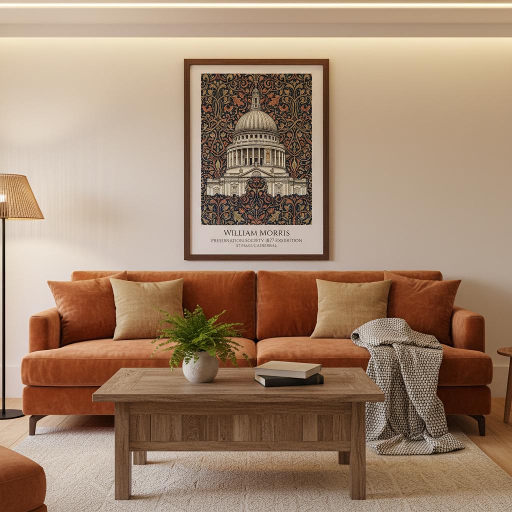 Living room with brown sofa, wooden coffee table, and framed artwork on the wall.