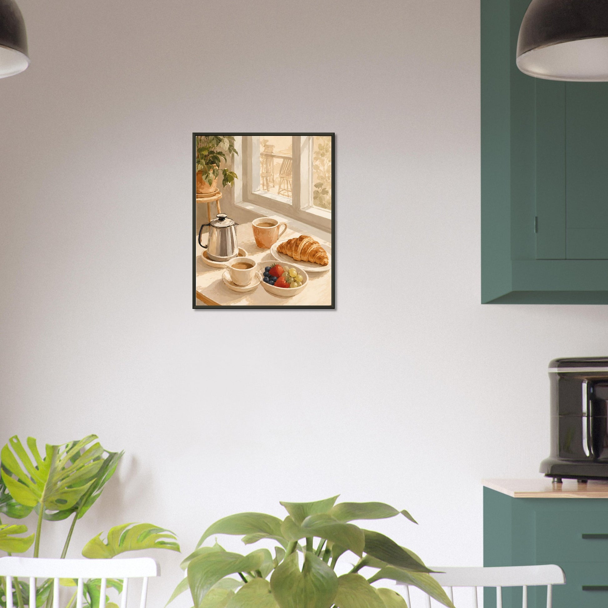 Framed artwork of a breakfast scene on a wall in a kitchen.
