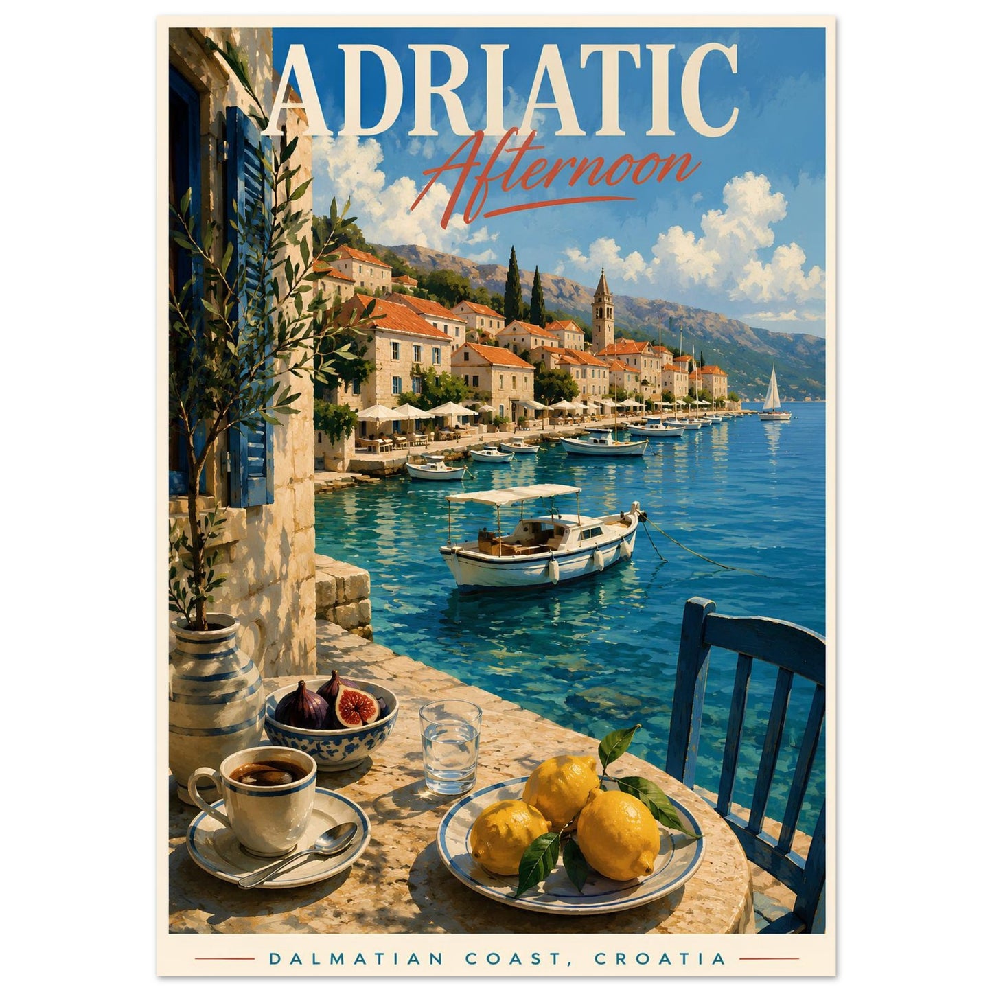 Croatia travel poster featuring a sunlit harbour, sailing boats and coastal village artwork