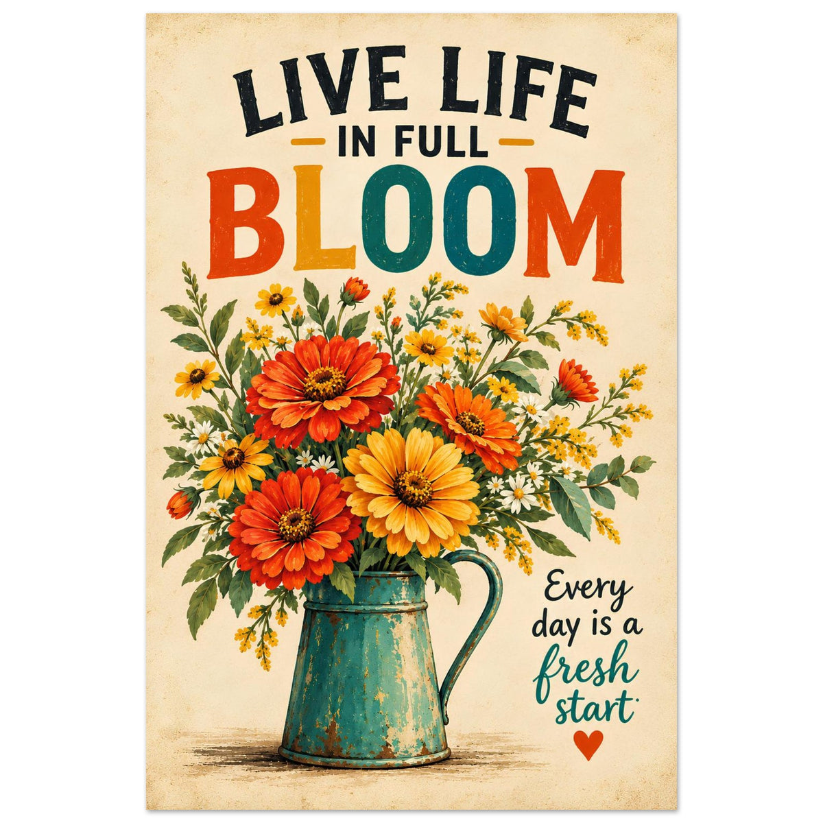A decorative metal art print or poster with a vintage floral design. The artwork features a teal pitcher filled with orange, yellow, and red flowers on a textured beige background.