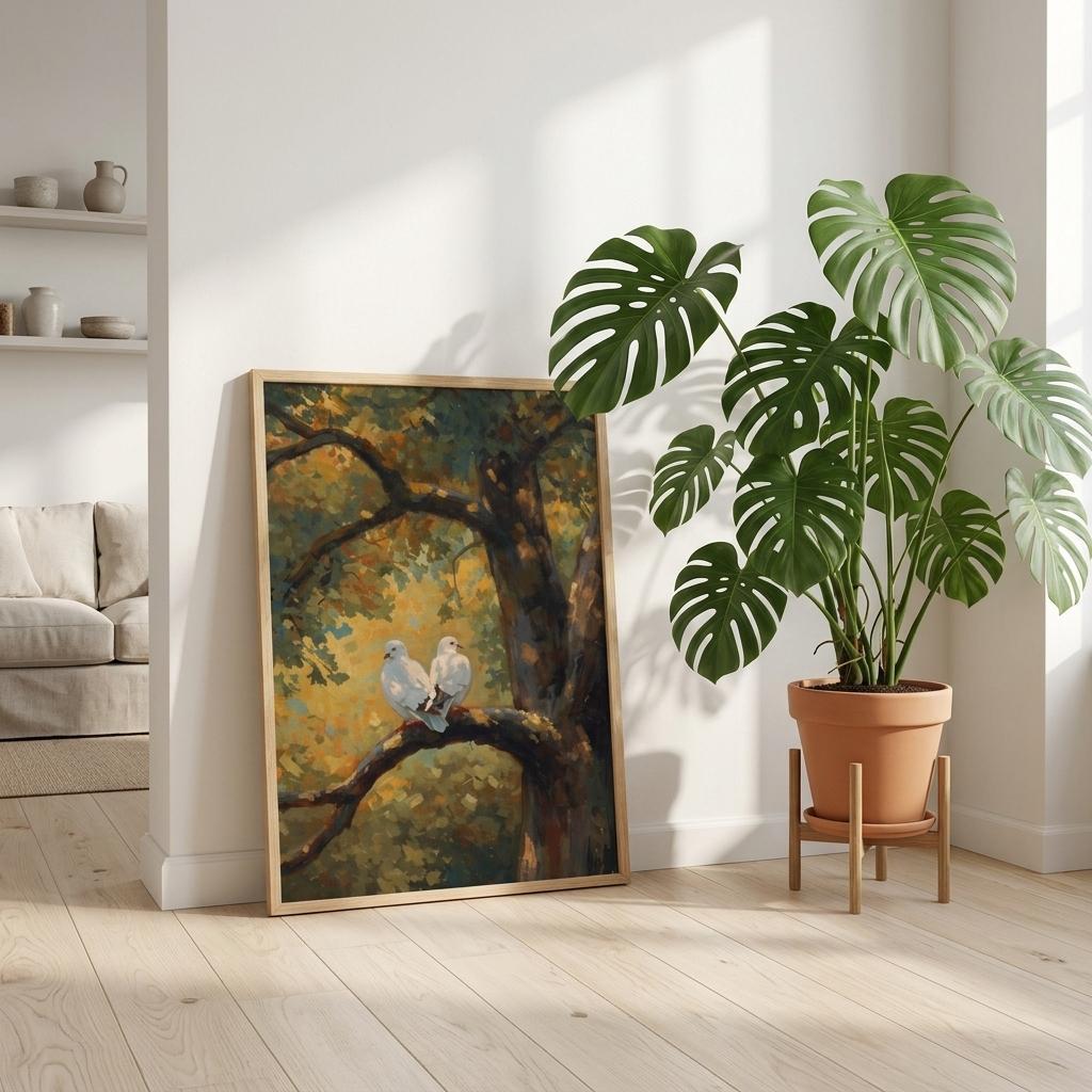 Framed artwork of doves on a branch in a room with a plant and shelves.