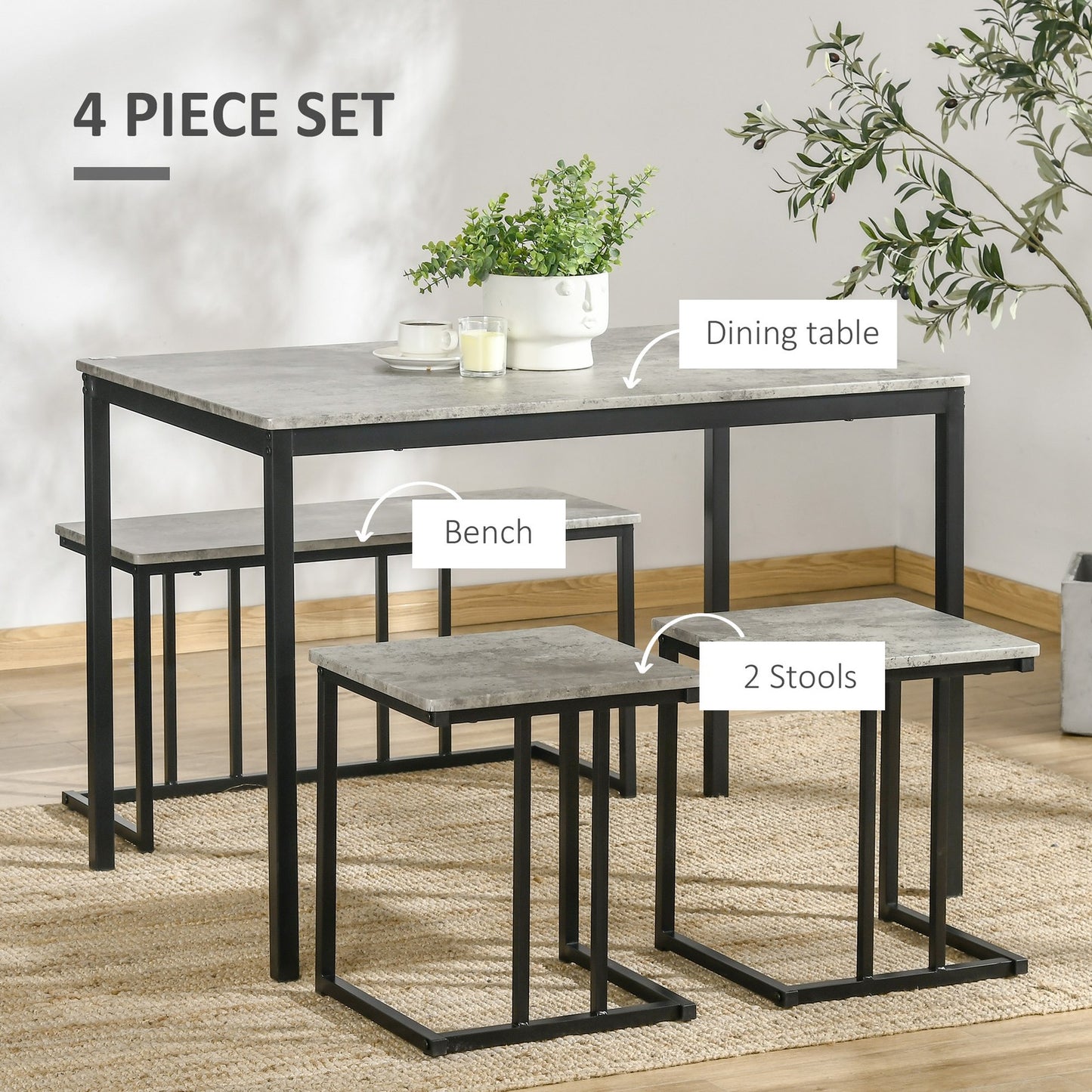 Dining Table Set, Concrete Effect Kitchen Table and Chairs for 4 People, Grey