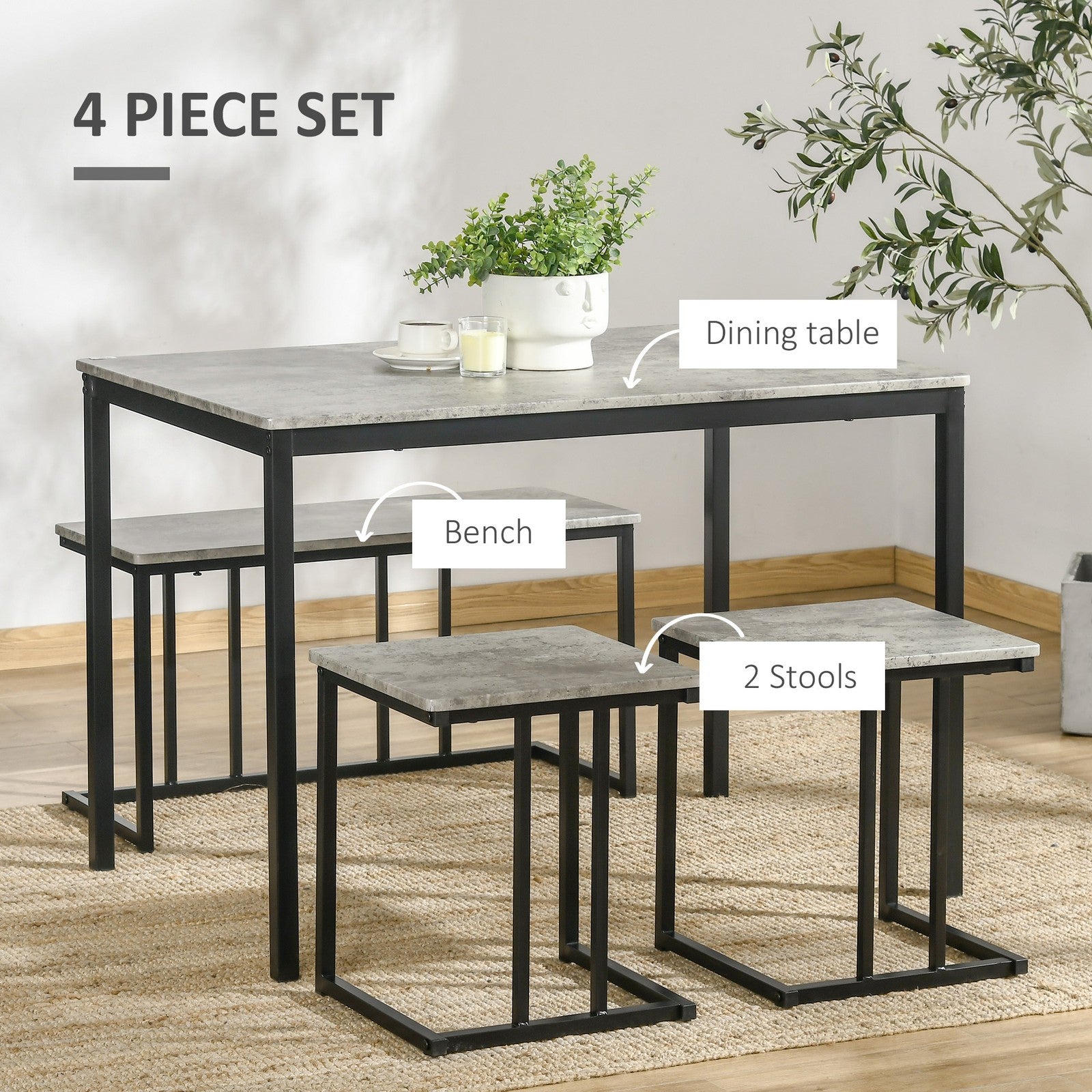 Dining Table Set, Concrete Effect Kitchen Table and Chairs for 4 People, Grey