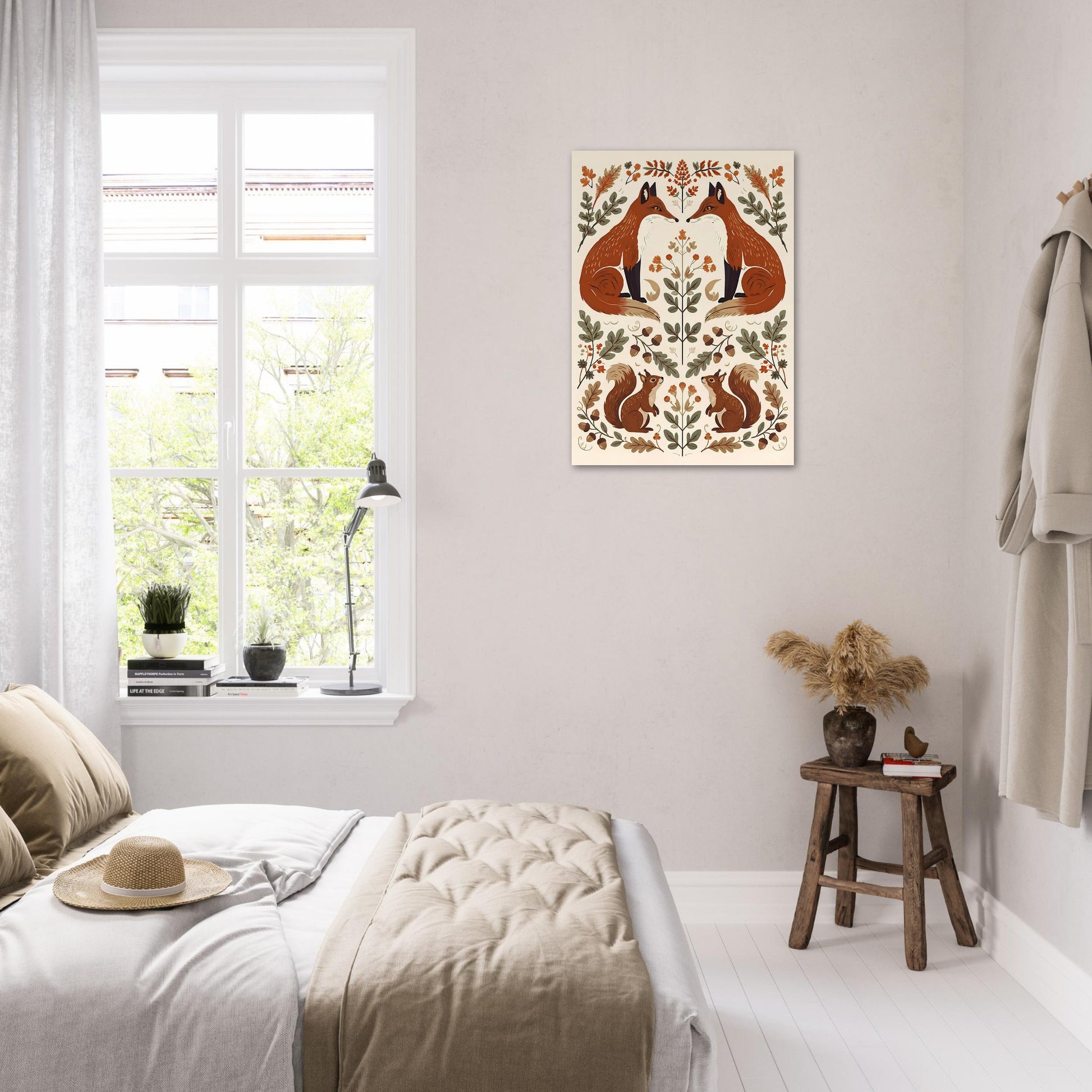 Foxes & Ferns cottagecore wall art displayed in a bright bedroom with natural textures and woodland-inspired décor.