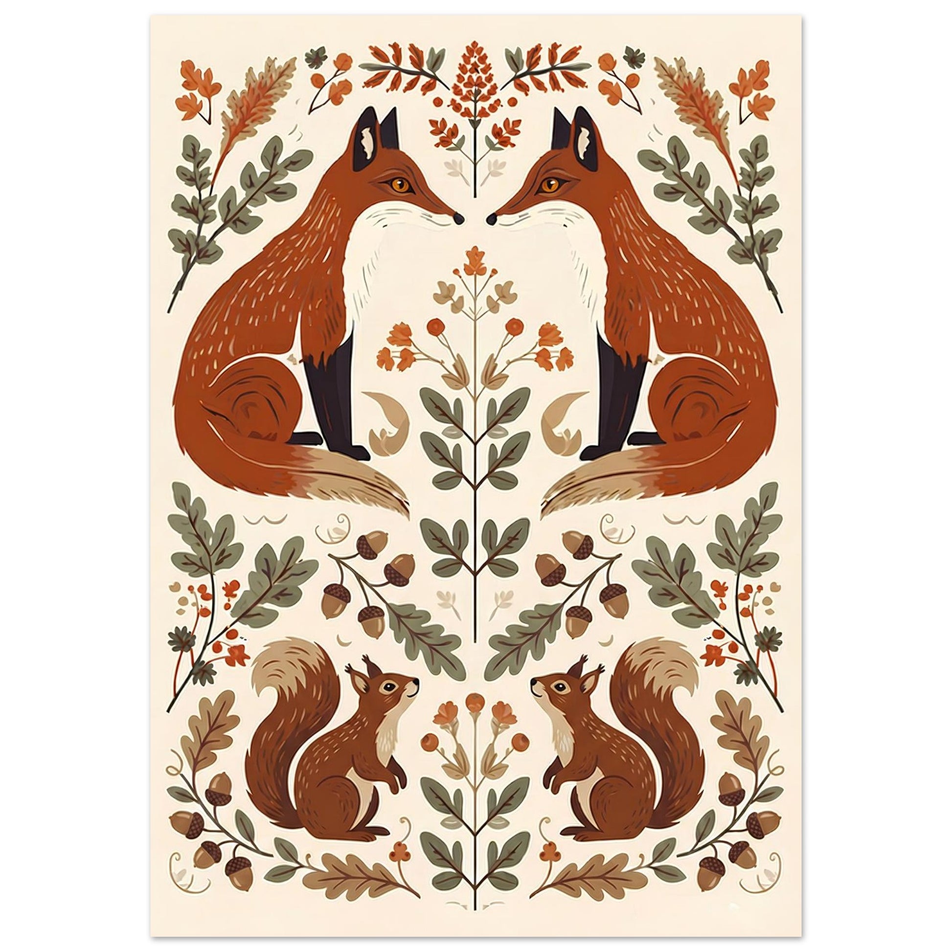 Close-up of Foxes & Ferns woodland wall art featuring red foxes, acorns, ferns and decorative folk art elements.