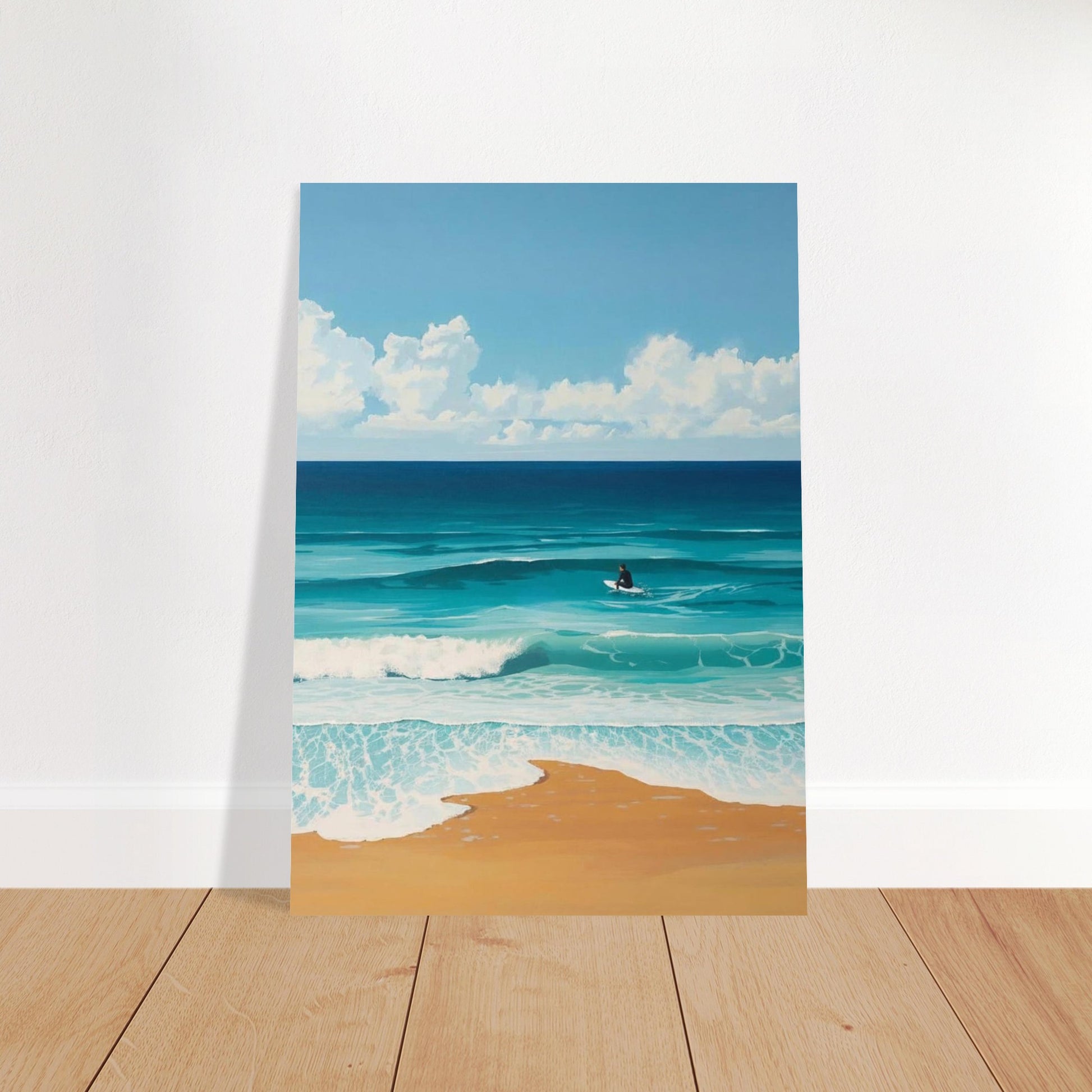Poster of a beach scene with blue ocean, white waves, and a clear sky.