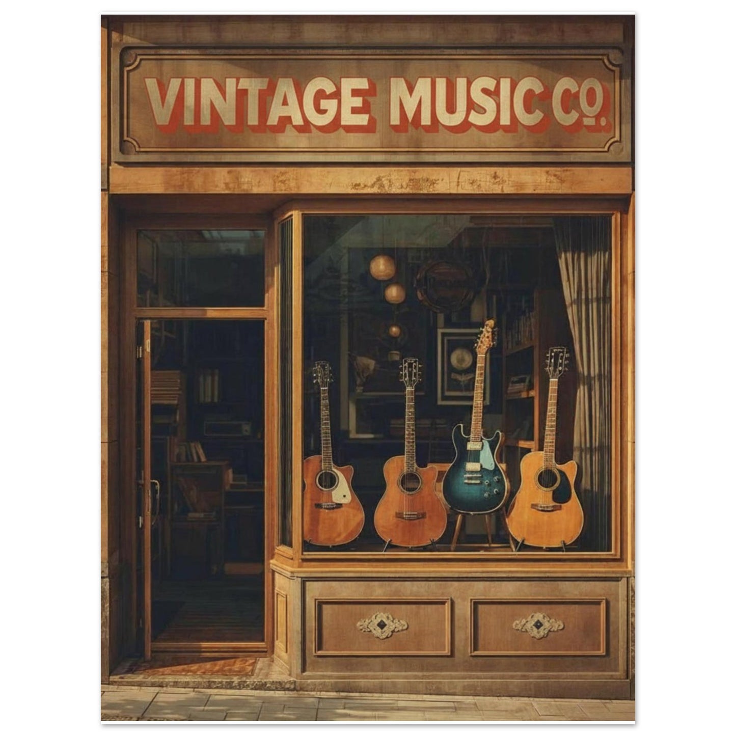 Vintage Music Co. store front with guitars in the window