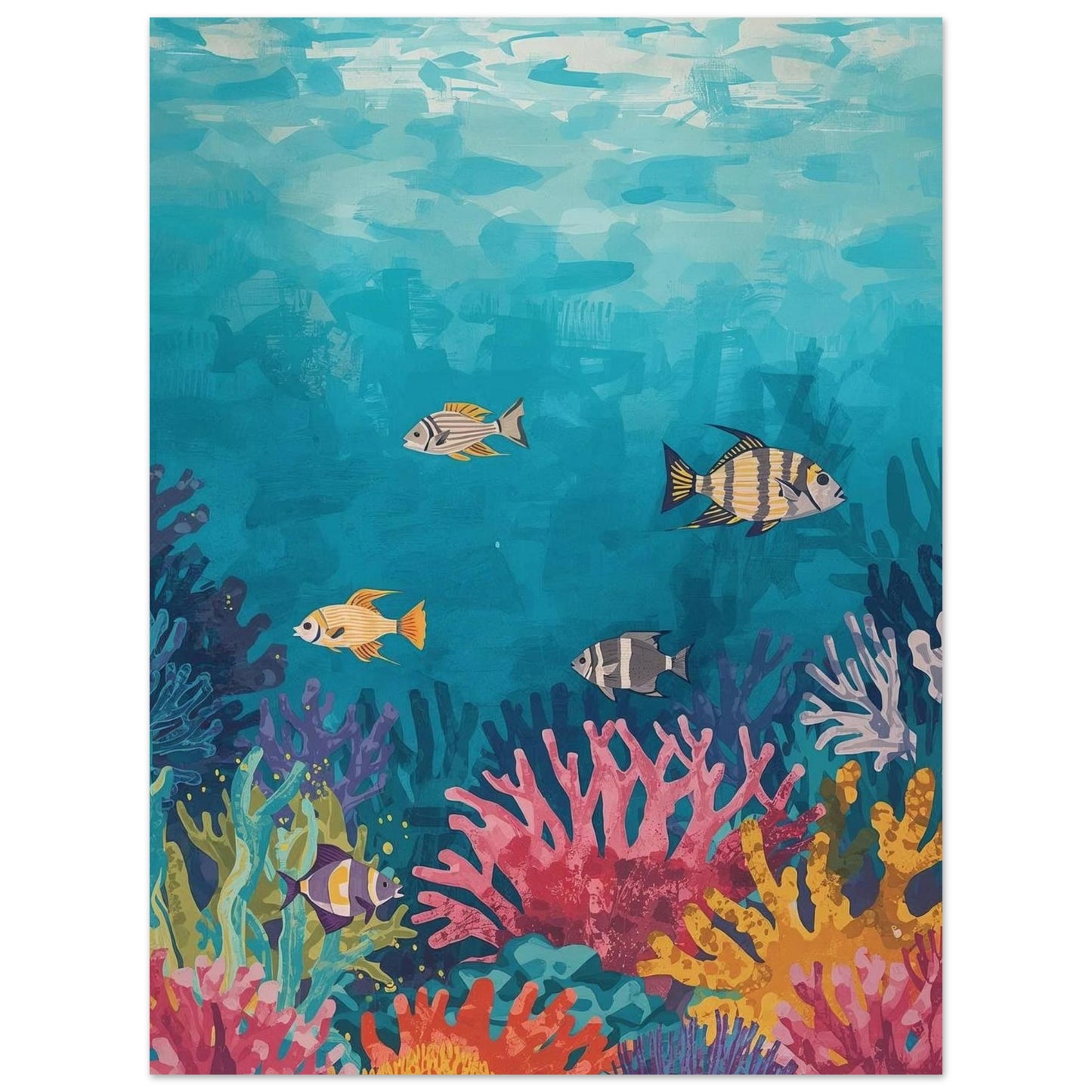 Colorful underwater scene with fish and coral on a blue background