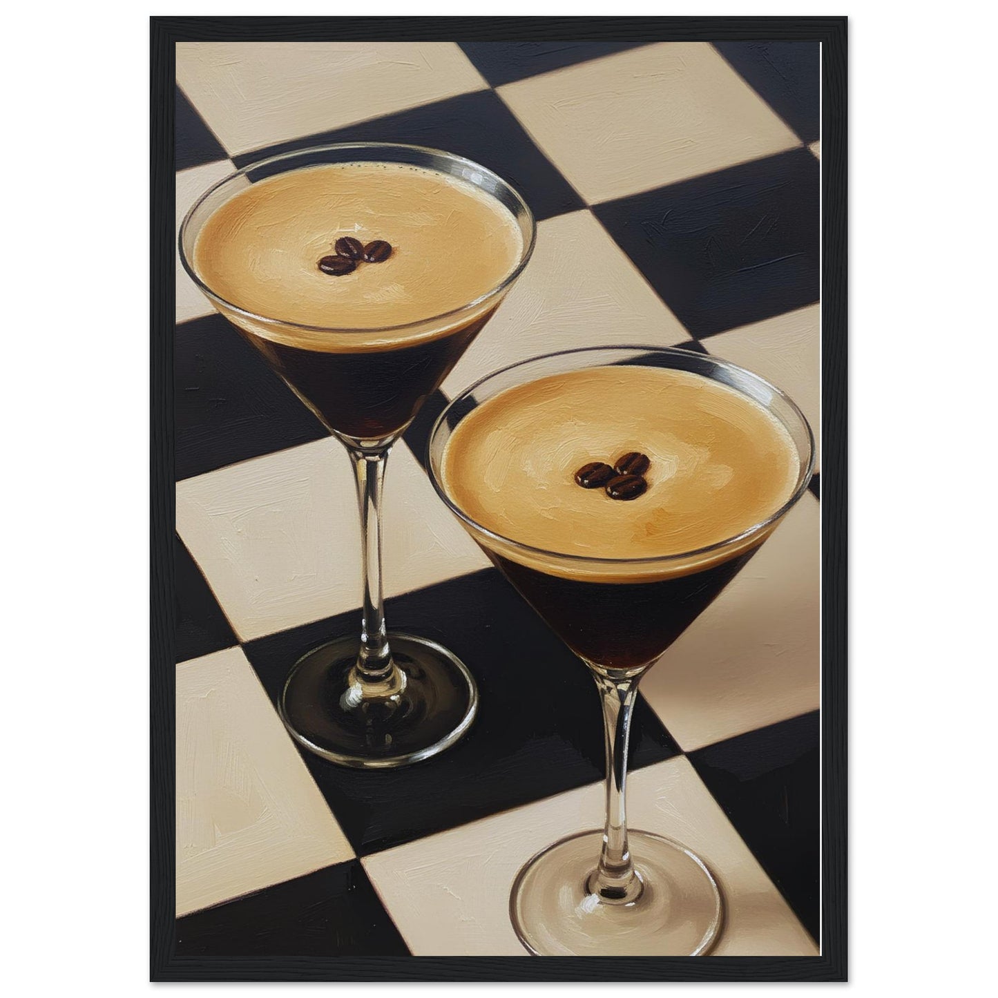 Framed Espresso Martini print featuring two classic cocktails with rich coffee tones and a geometric checkerboard pattern.
