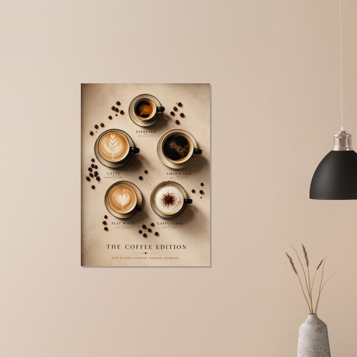 Decorative wall art featuring illustrations of coffee cups on a beige background, hanging above a vase with a black pendant light fixture.