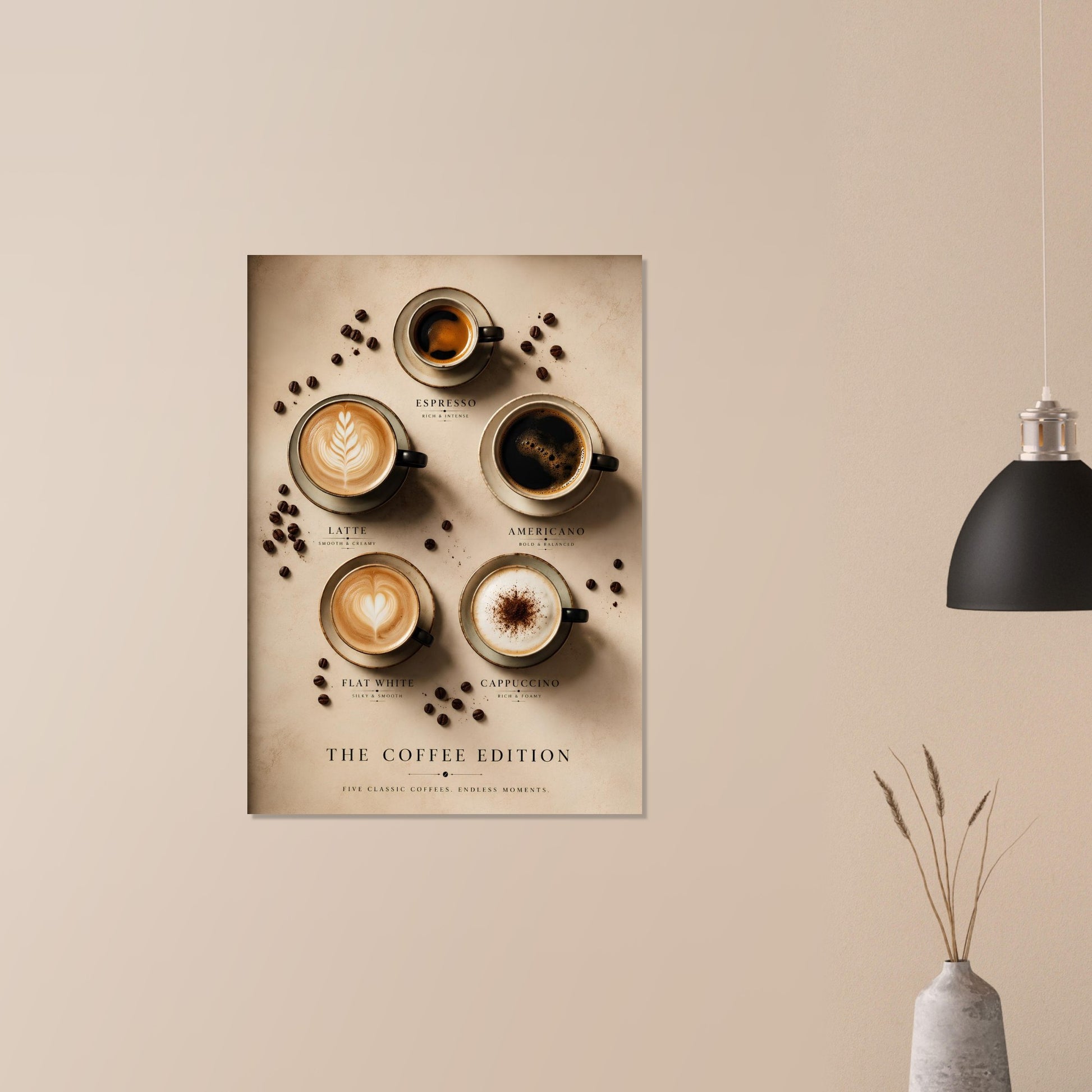 Decorative wall art featuring illustrations of coffee cups on a beige background, hanging above a vase with a black pendant light fixture.
