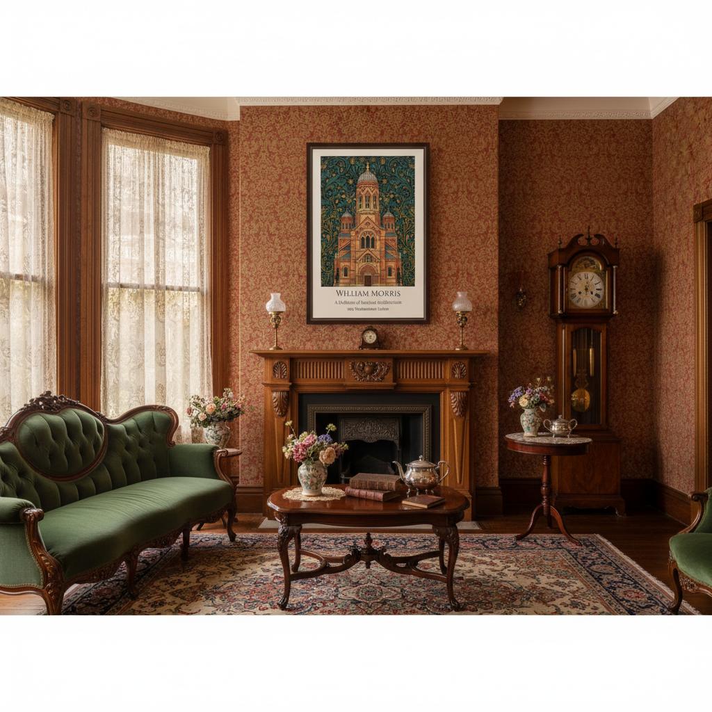 Vintage living room with green sofa, wooden coffee table, and a framed William Morris Poster of Westiminster Abbey