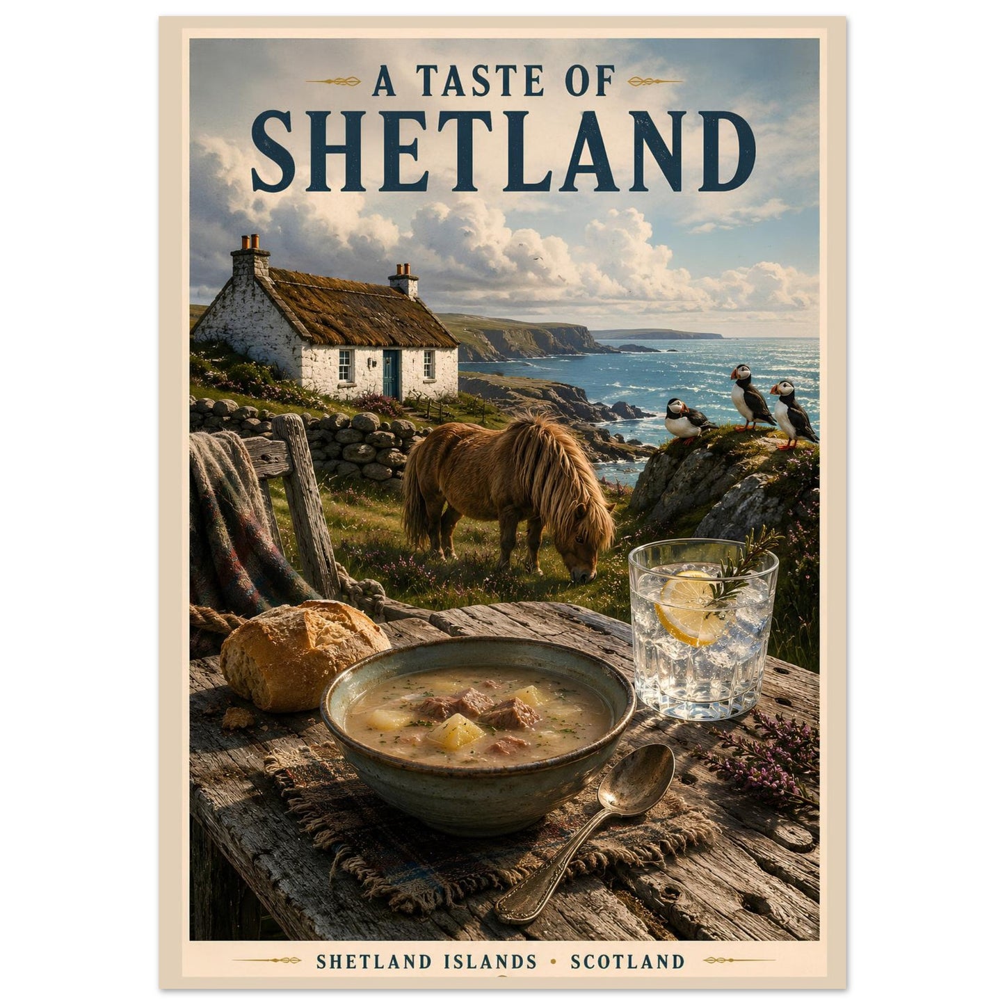 A Taste of Shetland vintage travel poster against a clean white studio background