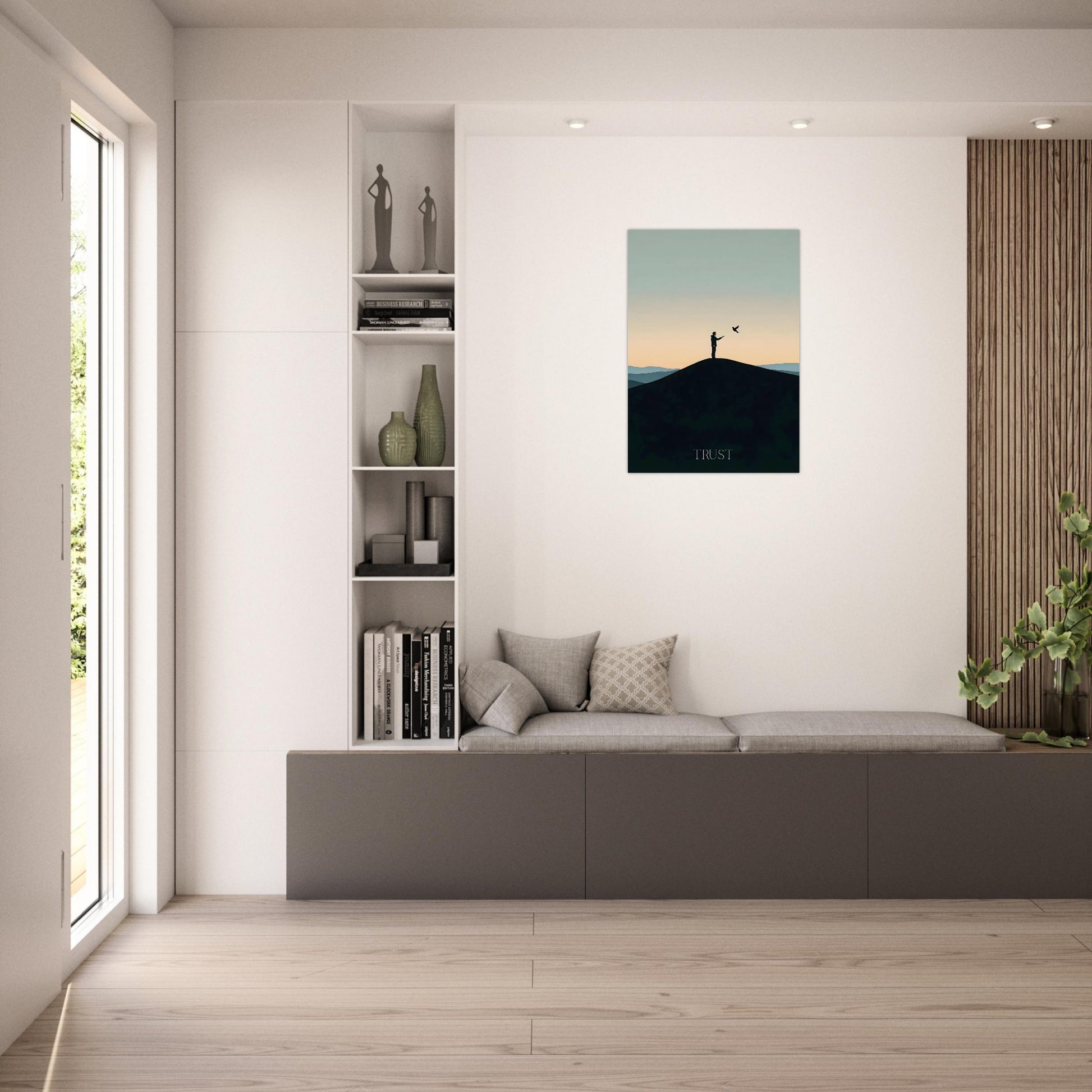 Minimalist trust poster displayed on a wall shelf in a contemporary interior