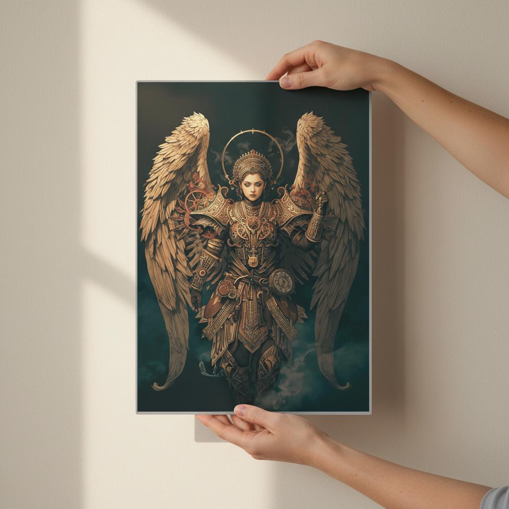 Person holding a poster of an angelic figure with mechanical elements against a light wall.