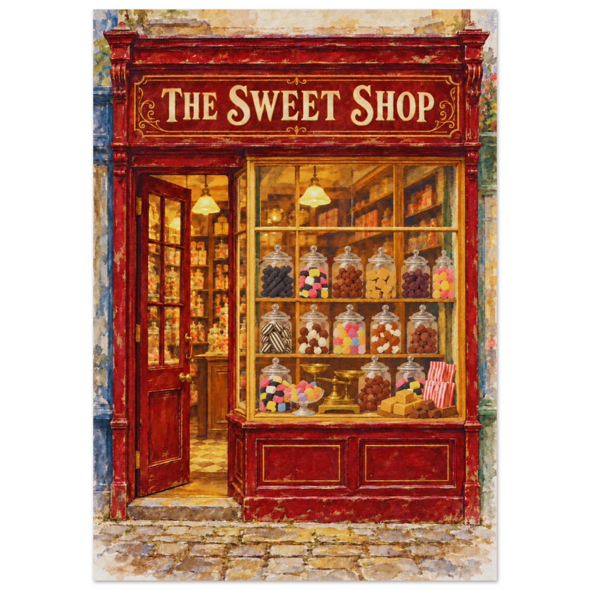 A vintage-style illustration of a candy shop storefront with the sign 'THE SWEET SHOP' above a red wooden frame, glass jars filled with assorted candies, and a cobblestone street in front.